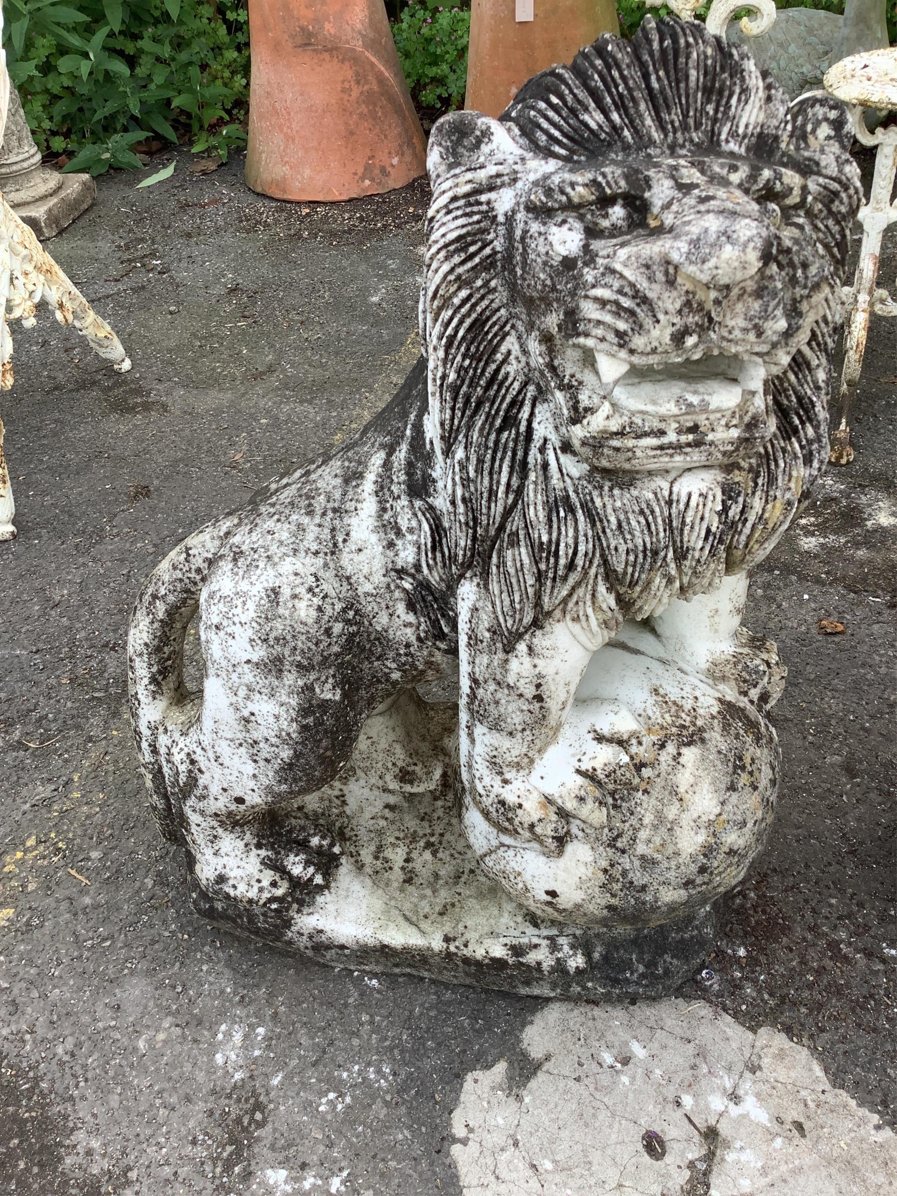 A pair of Chinese style reconstituted white marble models of kylin, (one in need of repair), height 71cm